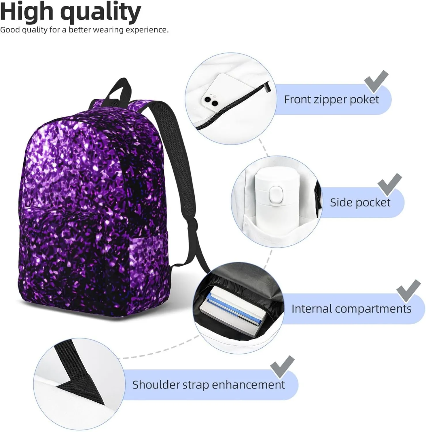 Beautiful Purple Glitter Print Canvas Backpack Women,Mens Travel Casual Daypack Bookbag For Laptop Work Travel Hiking