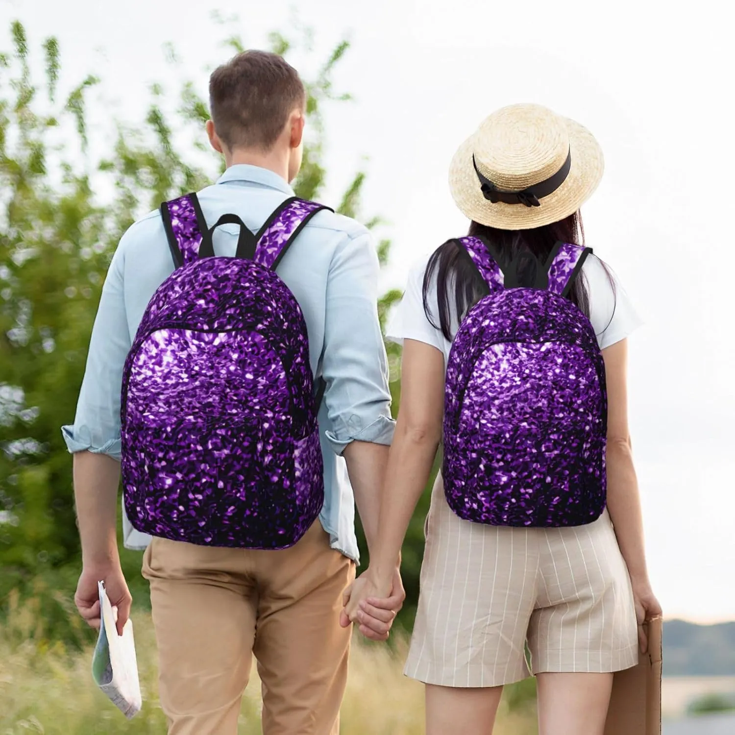Beautiful Purple Glitter Print Canvas Backpack Women,Mens Travel Casual Daypack Bookbag For Laptop Work Travel Hiking
