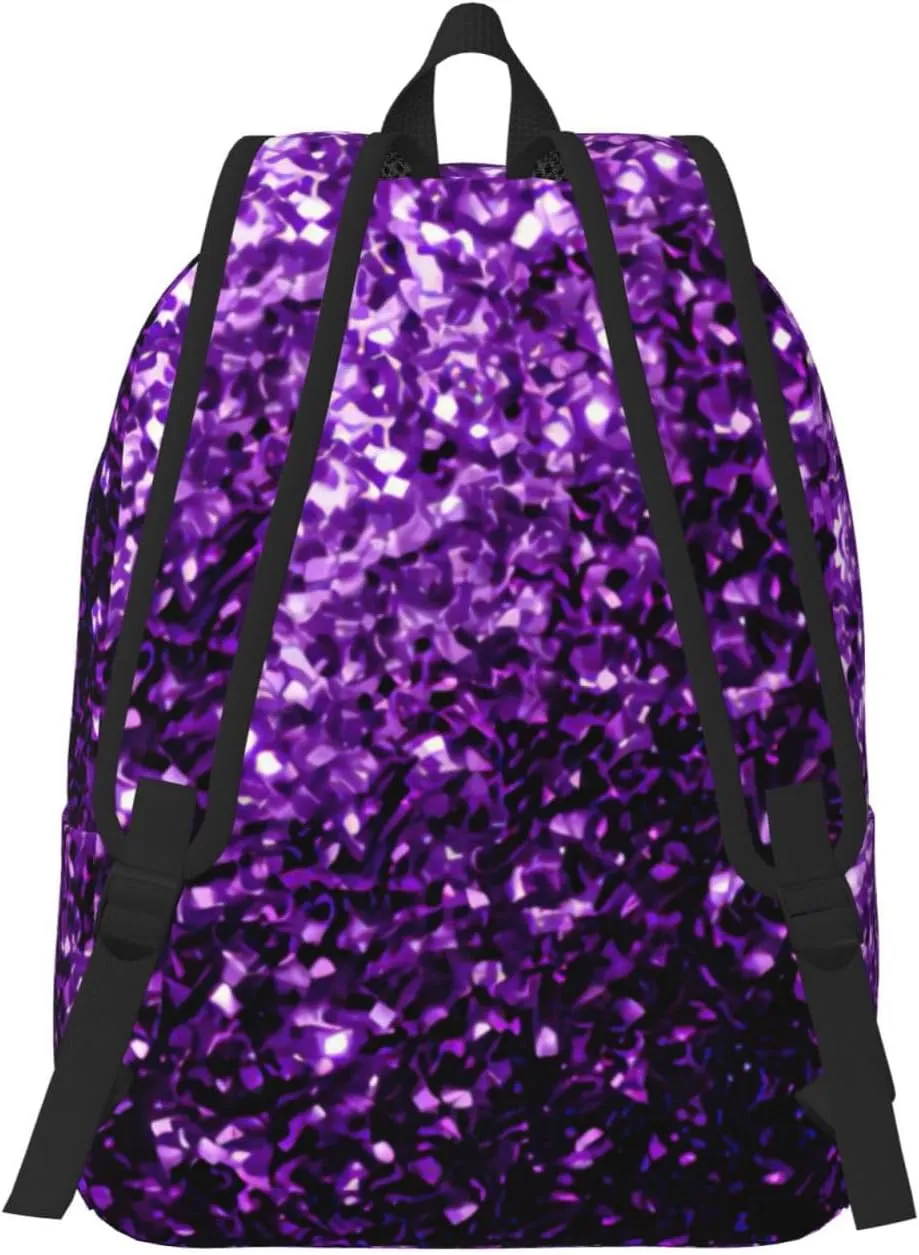 Beautiful Purple Glitter Print Canvas Backpack Women,Mens Travel Casual Daypack Bookbag For Laptop Work Travel Hiking