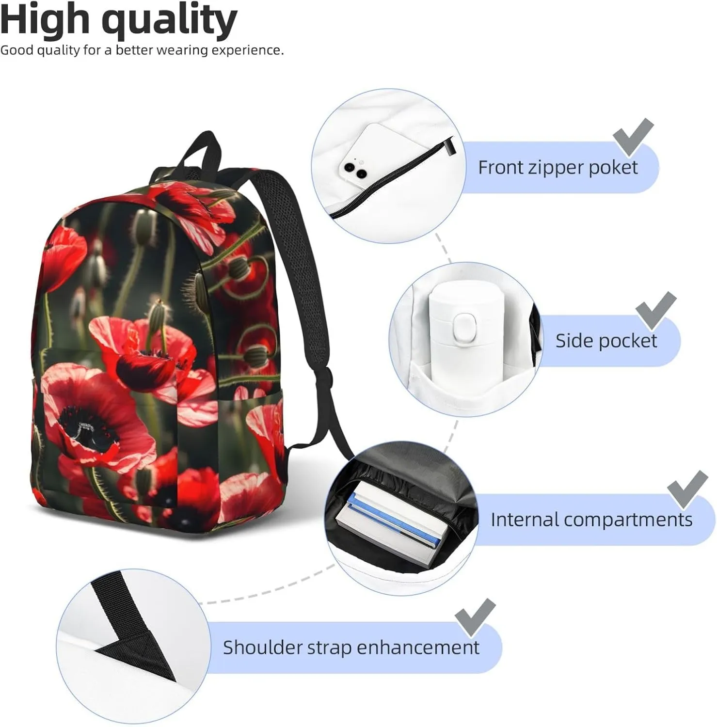 Beautiful Red Poppy Flower Print Canvas Backpack Women,Mens Travel Casual Daypack Bookbag For Laptop Work Travel Hiking