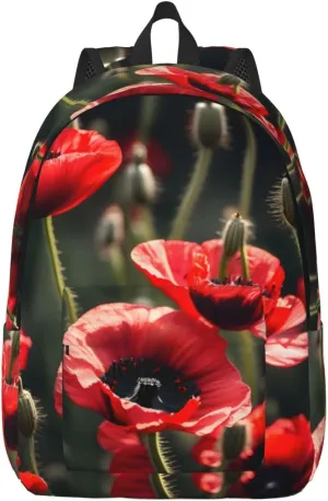 Beautiful Red Poppy Flower Print Canvas Backpack Women,Mens Travel Casual Daypack Bookbag For Laptop Work Travel Hiking