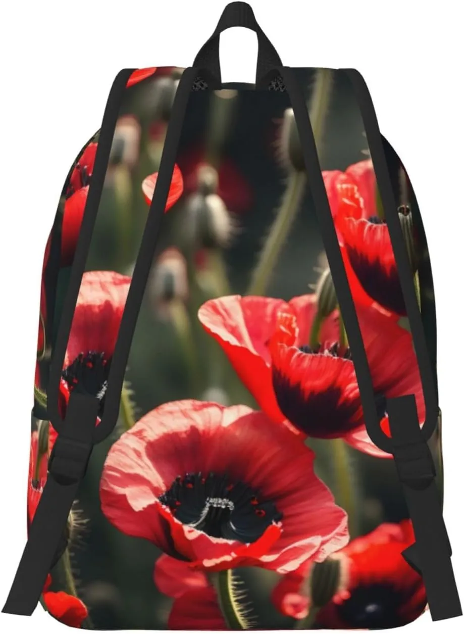 Beautiful Red Poppy Flower Print Canvas Backpack Women,Mens Travel Casual Daypack Bookbag For Laptop Work Travel Hiking