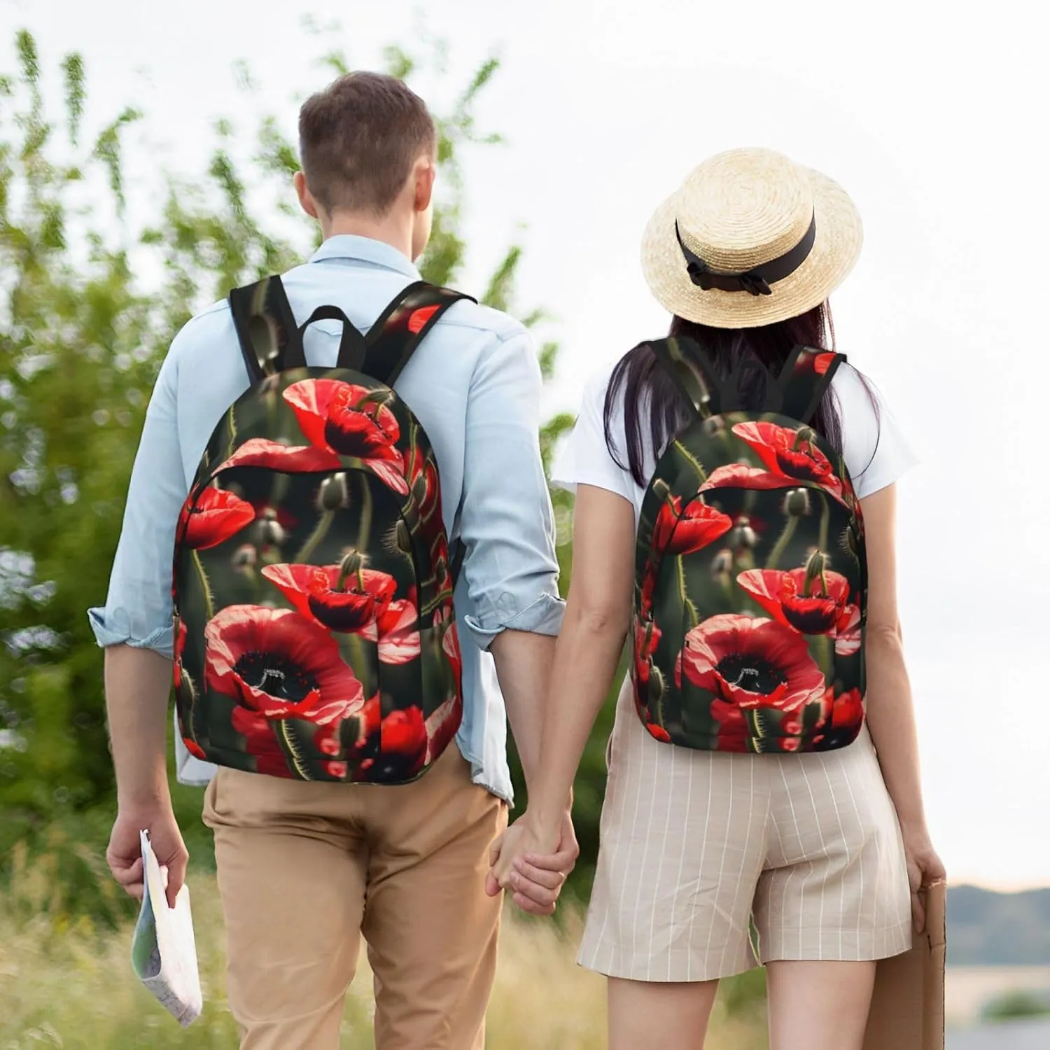 Beautiful Red Poppy Flower Print Canvas Backpack Women,Mens Travel Casual Daypack Bookbag For Laptop Work Travel Hiking