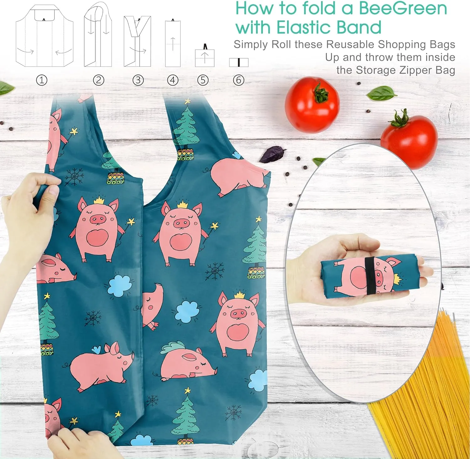 BeeGreen Rolled Up Grocery Bags Reusable Shopping Bags Bulk Foldable for Groceries