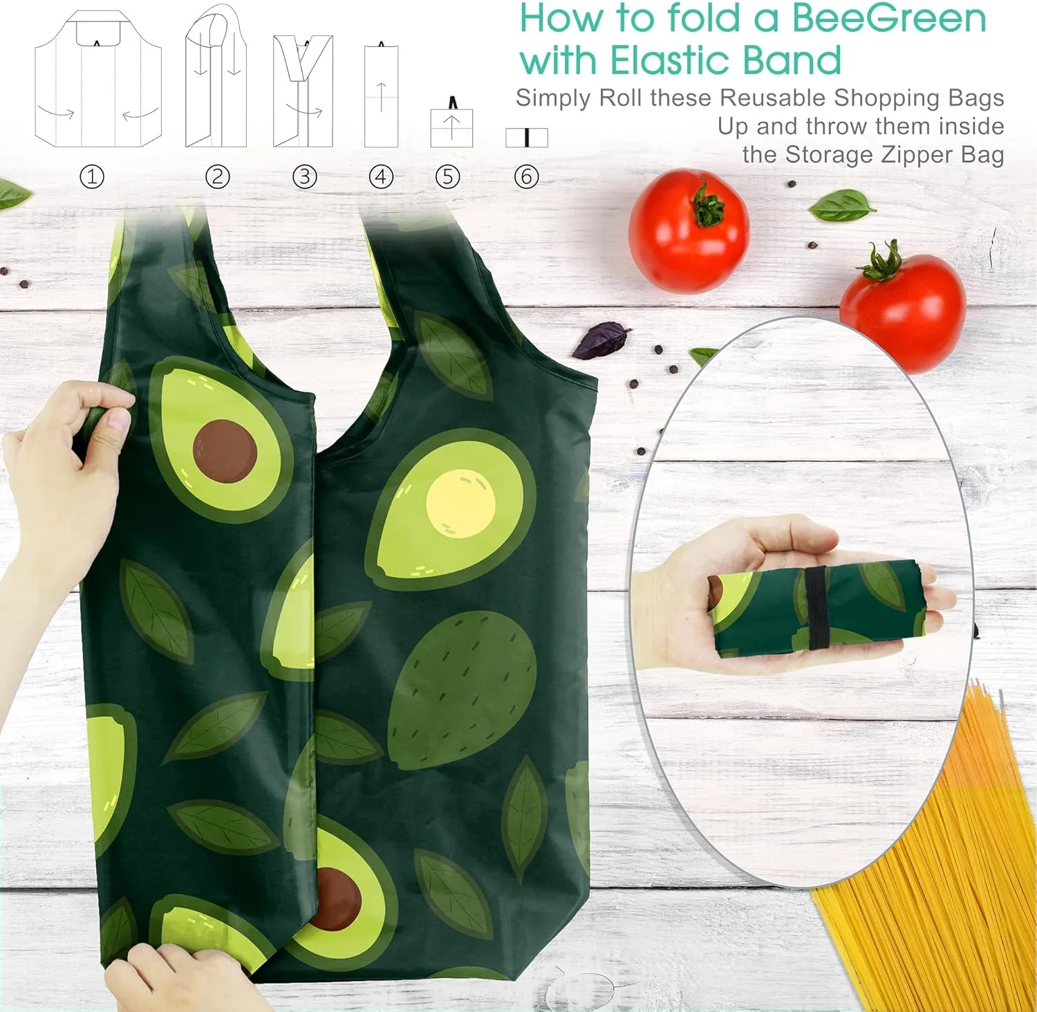 BeeGreen Rolled Up Grocery Bags Reusable Shopping Bags Bulk Foldable for Groceries