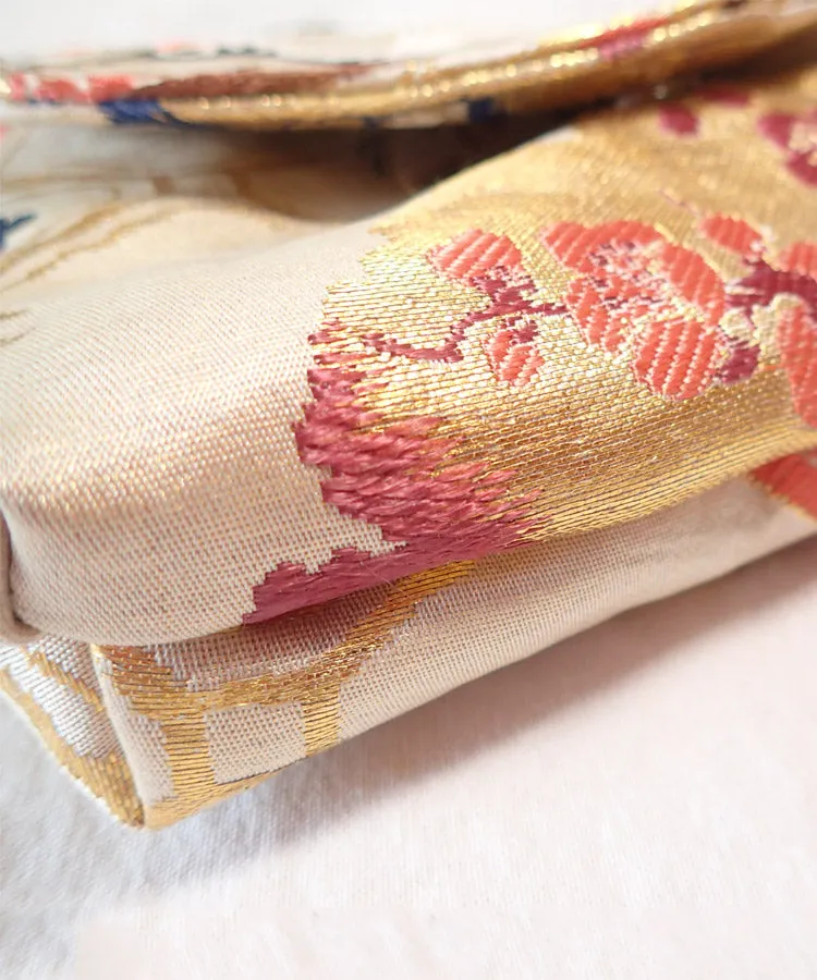 Beige Gold Vintage Kimono Obi Detachable Crossbody Bag  / White Bird Japanese Shoulder Bag