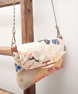 Beige Gold Vintage Kimono Obi Detachable Crossbody Bag  / White Bird Japanese Shoulder Bag