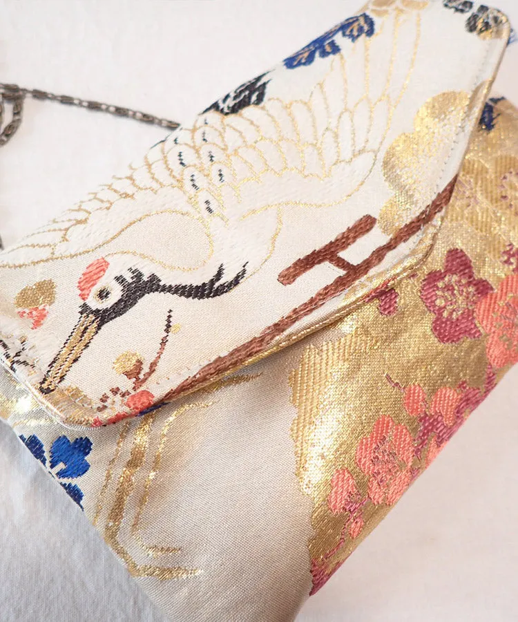 Beige Gold Vintage Kimono Obi Detachable Crossbody Bag  / White Bird Japanese Shoulder Bag