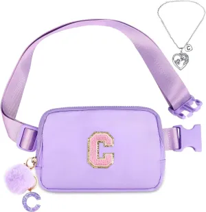 Belt Bag Fanny Pack for Girls - Initial Crossbody Bag for Birthday Gifts for 5 6 7 8 9 10 11 12 13 Year Old Teen Waist Pack Small Travel Essential, Purple, 19.2 inches (strap length), C