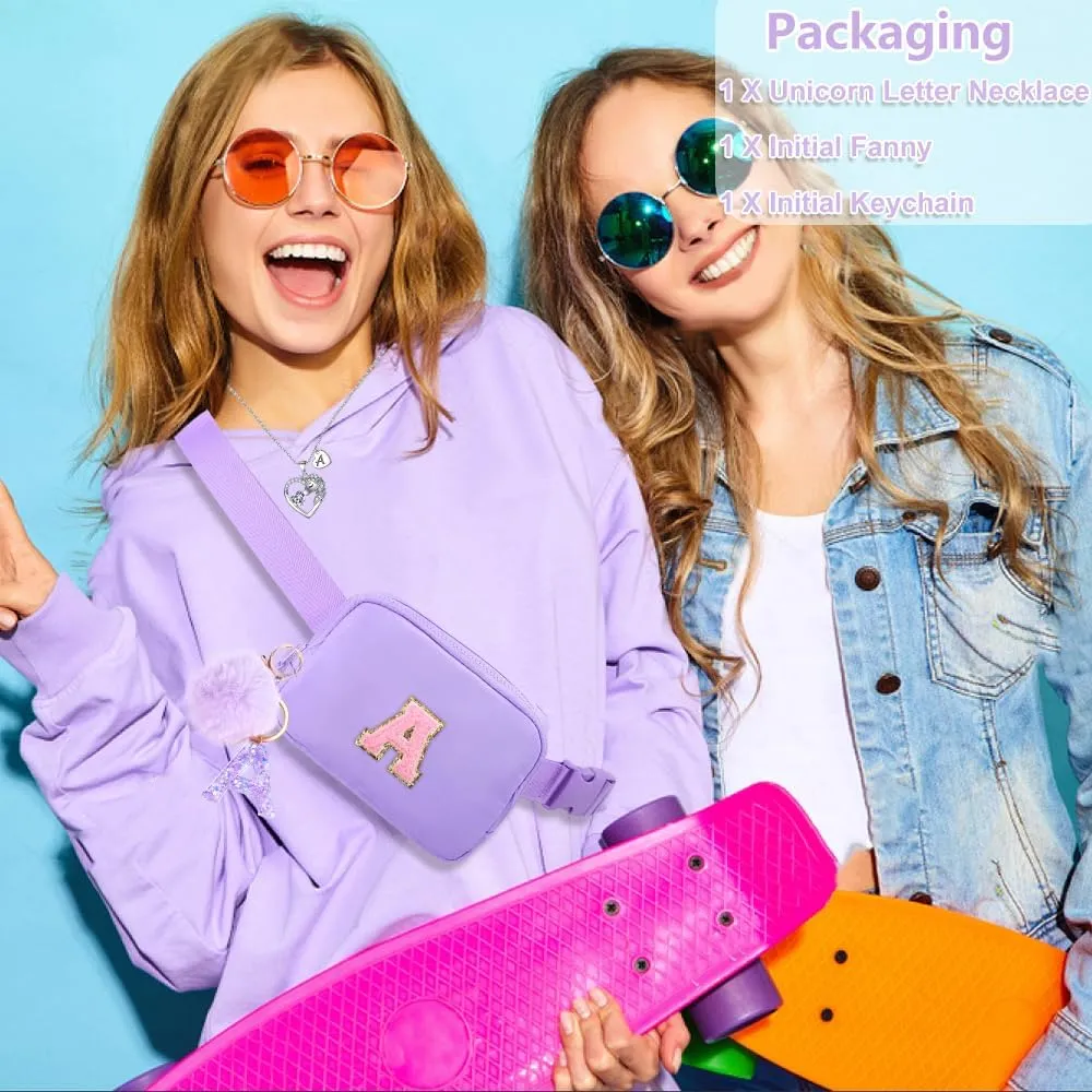 Belt Bag Fanny Pack for Girls - Initial Crossbody Bag for Birthday Gifts for 5 6 7 8 9 10 11 12 13 Year Old Teen Waist Pack Small Travel Essential, Purple, 19.2 inches (strap length), C