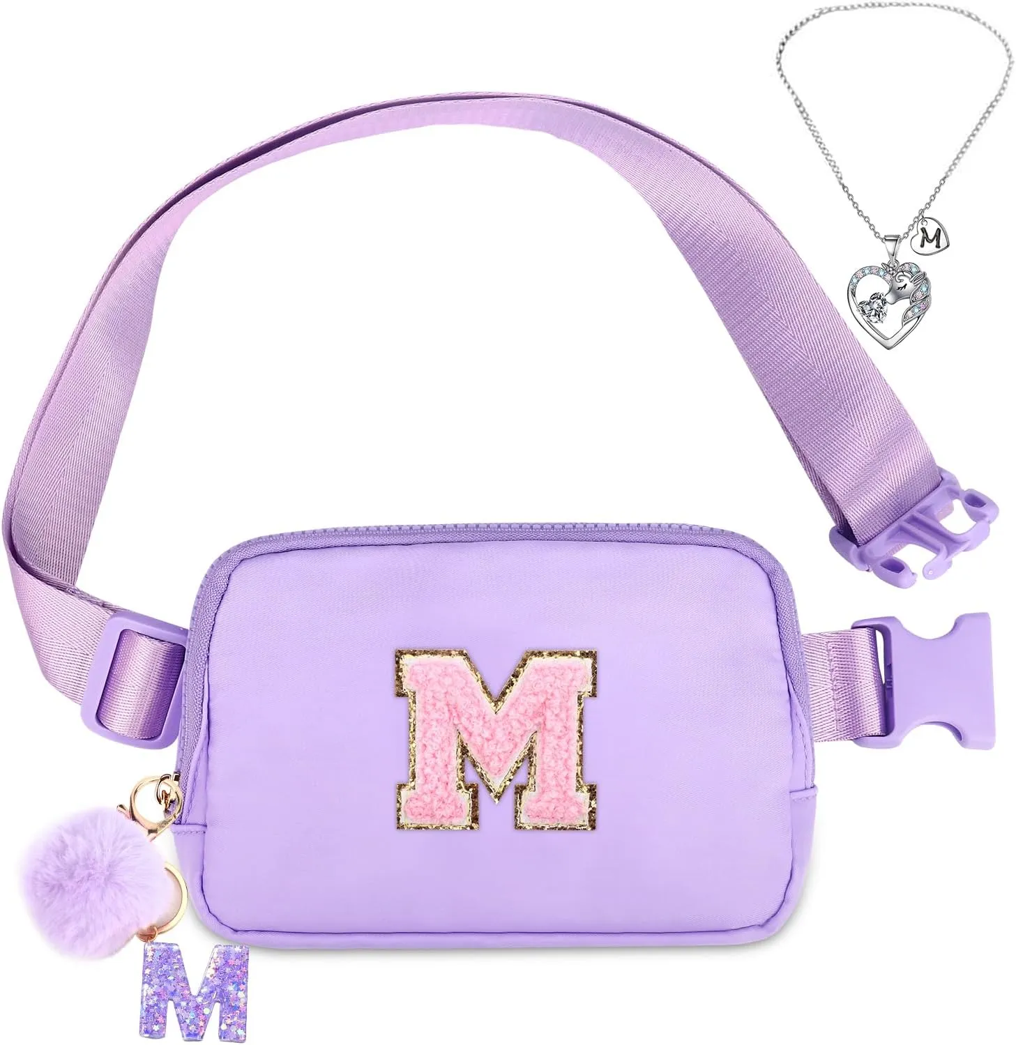 Belt Bag Fanny Pack for Girls - Initial Crossbody Bag for Birthday Gifts for 5 6 7 8 9 10 11 12 13 Year Old Teen Waist Pack Small Travel Essential, Purple, M