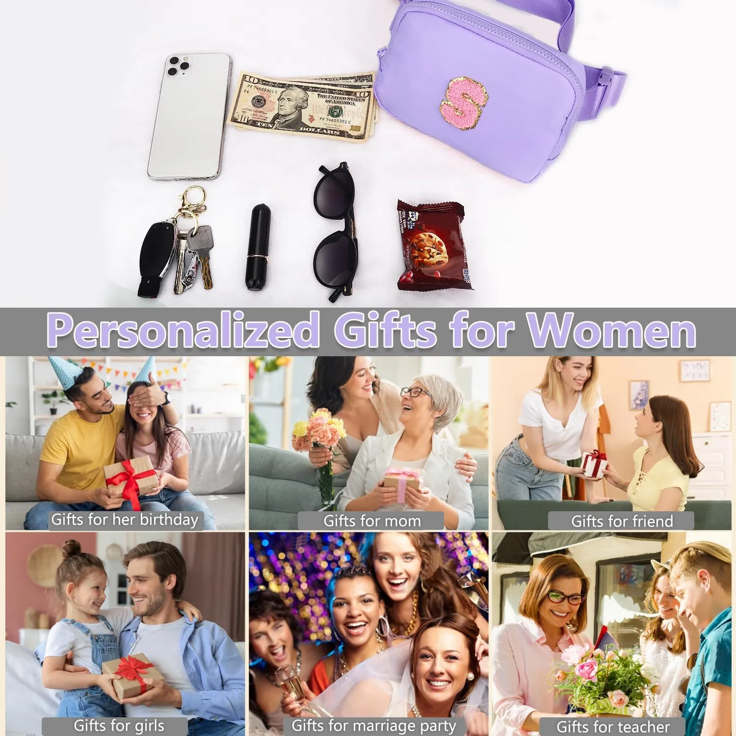 Belt Bag Fanny Pack for Girls - Initial Crossbody Bag for Birthday Gifts for 5 6 7 8 9 10 11 12 13 Year Old Teen Waist Pack Small Travel Essential, Purple, M