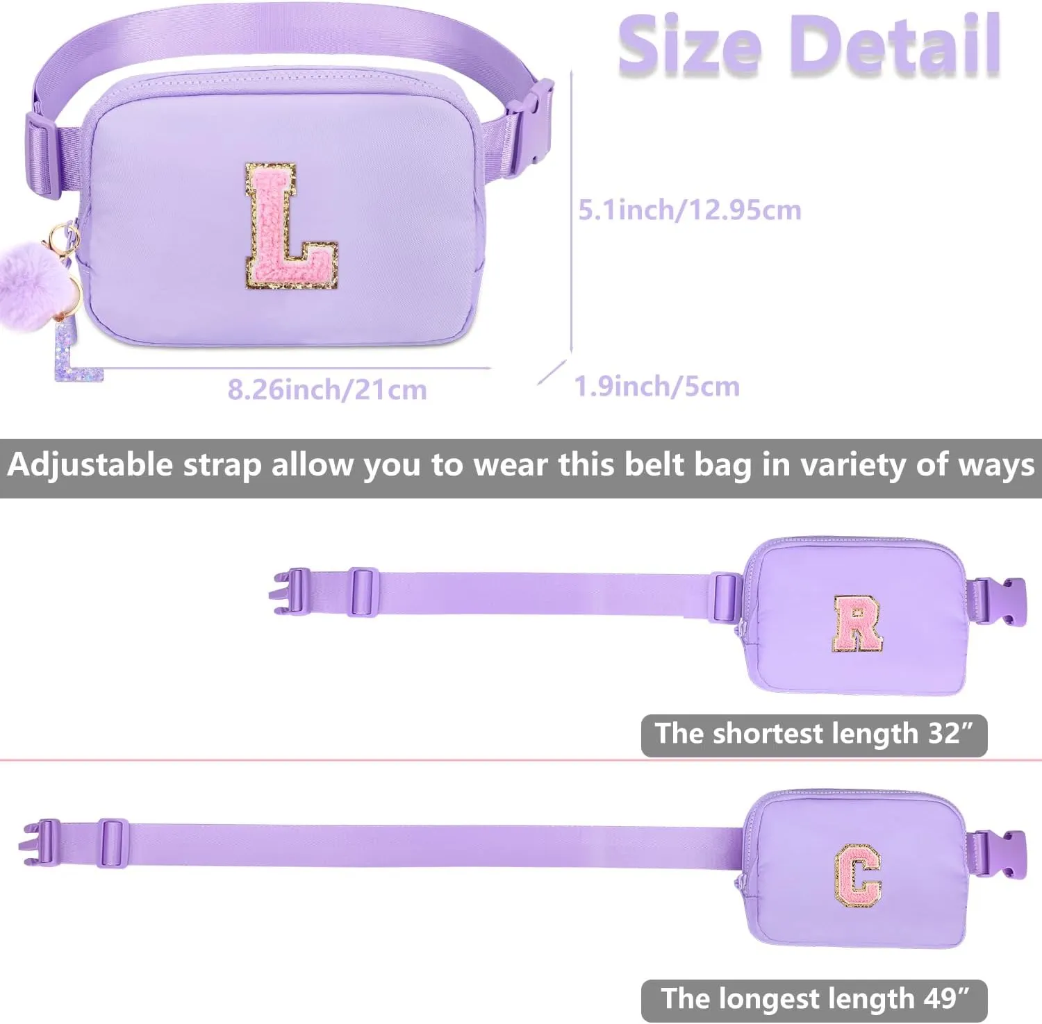 Belt Bag Fanny Pack for Girls - Initial Crossbody Bag for Birthday Gifts for 5 6 7 8 9 10 11 12 13 Year Old Teen Waist Pack Small Travel Essential, Purple, M