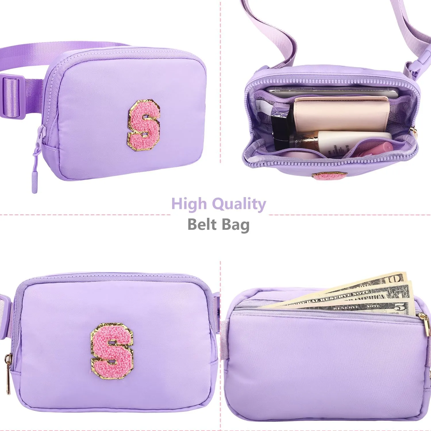 Belt Bag Fanny Pack for Girls - Initial Crossbody Bag for Birthday Gifts for 5 6 7 8 9 10 11 12 13 Year Old Teen Waist Pack Small Travel Essential, Purple, M