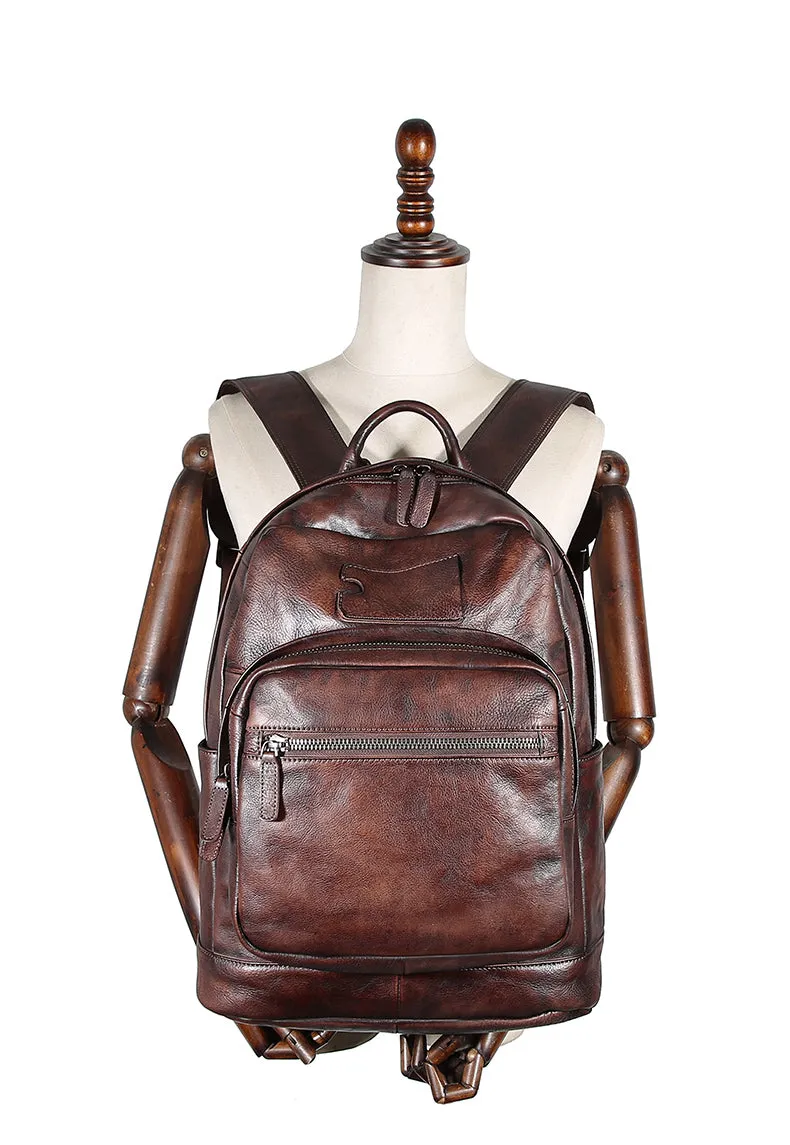 Best Black Gray Leather Rucksack Bag Womens Vintage 16 inches Laptop Backpack Leather School Backpack Purse