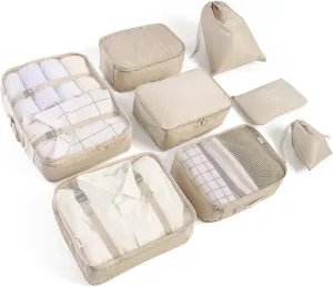 BillyBath Suitcase Organiser Set, Packing Cubes, Clothes Bags, Shoe Bag, Travel Organiser, Packing Cube, Cosmetic Travel Organiser, Packing Bags for Suitcases (8 Pieces, Beige)