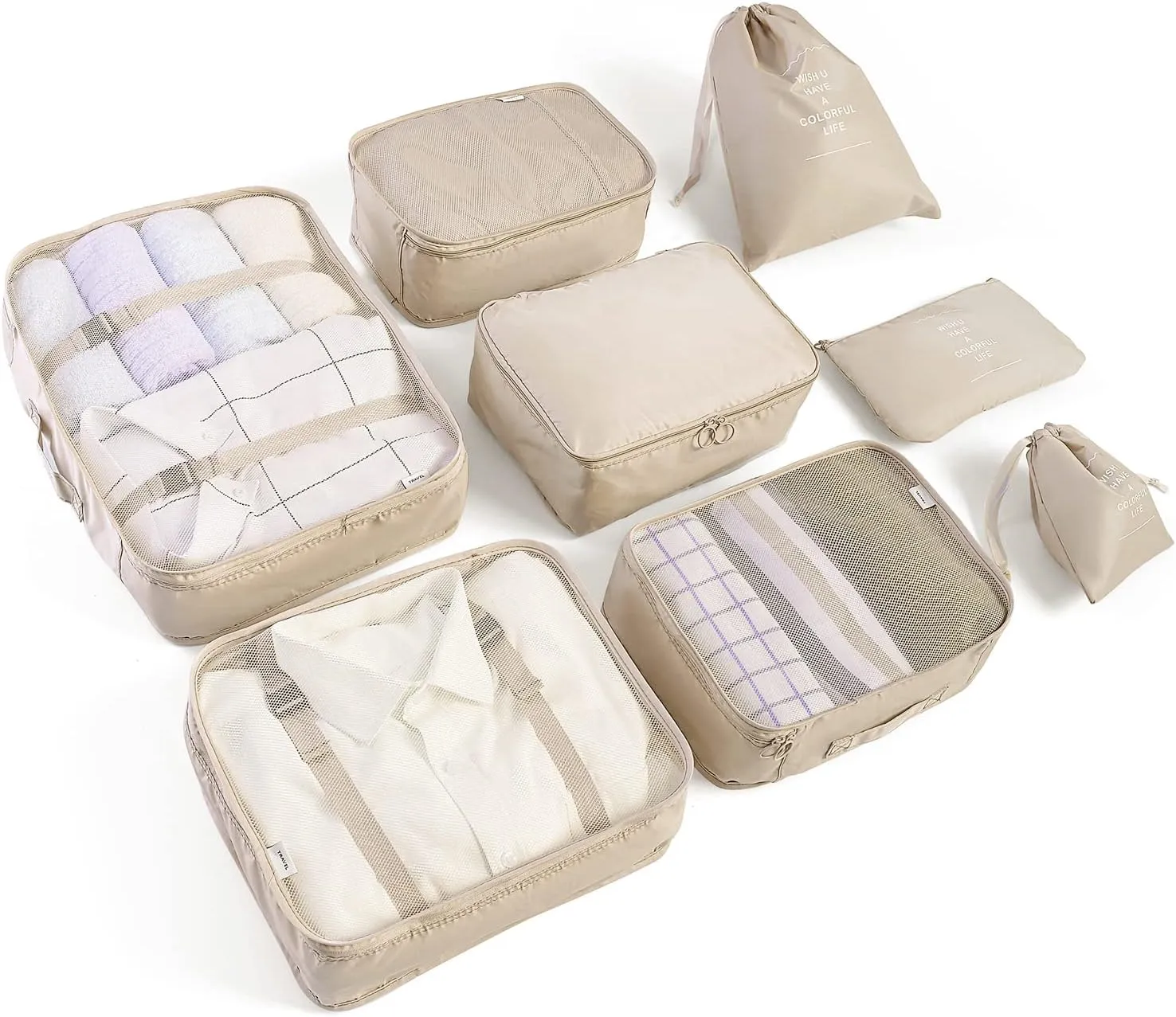 BillyBath Suitcase Organiser Set, Packing Cubes, Clothes Bags, Shoe Bag, Travel Organiser, Packing Cube, Cosmetic Travel Organiser, Packing Bags for Suitcases (8 Pieces, Beige)