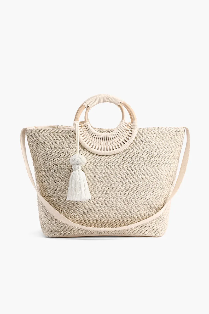 Birch Lurex Durrie Cane Handle Hand Woven Large Tote