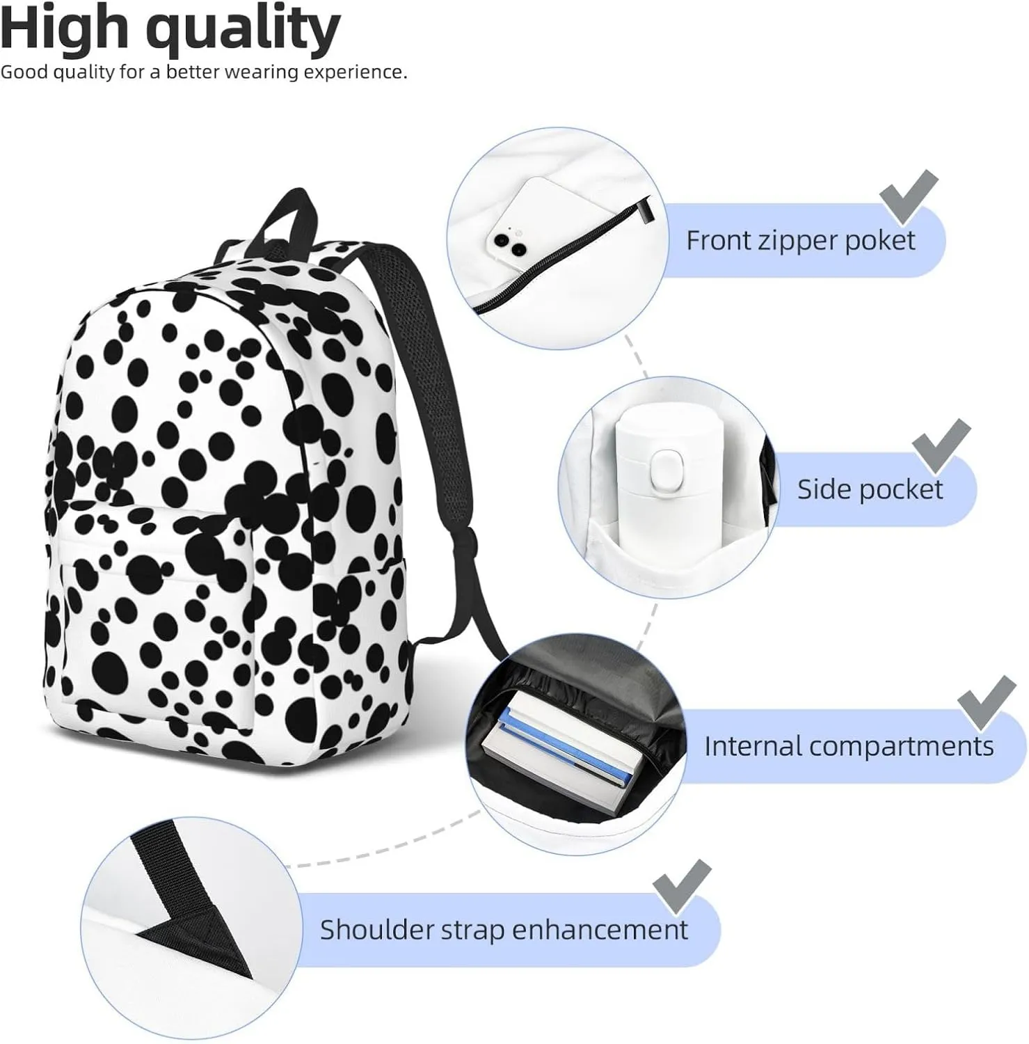 Black & White Big Dot Print Canvas Backpack Women,Mens Travel Casual Daypack Bookbag For Laptop Work Travel Hiking