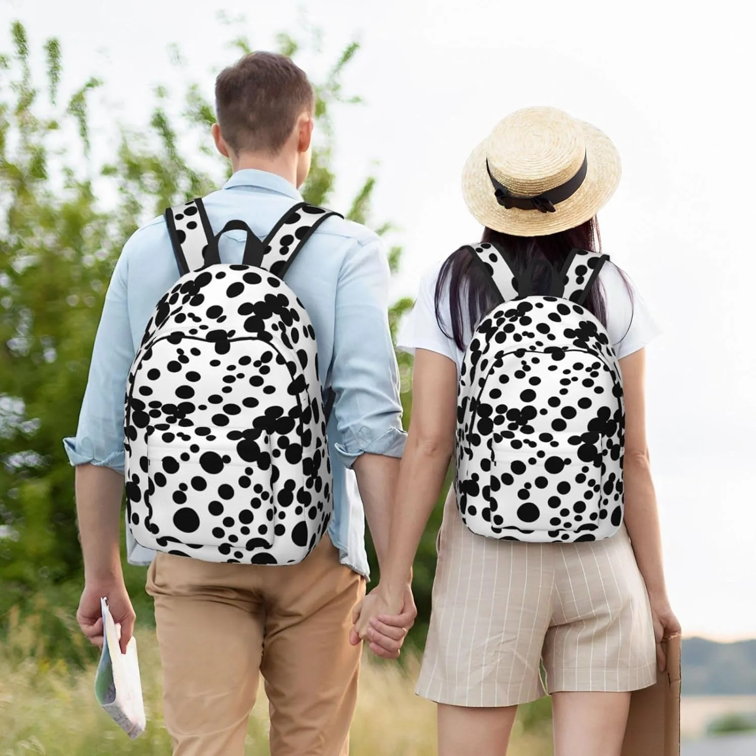 Black & White Big Dot Print Canvas Backpack Women,Mens Travel Casual Daypack Bookbag For Laptop Work Travel Hiking