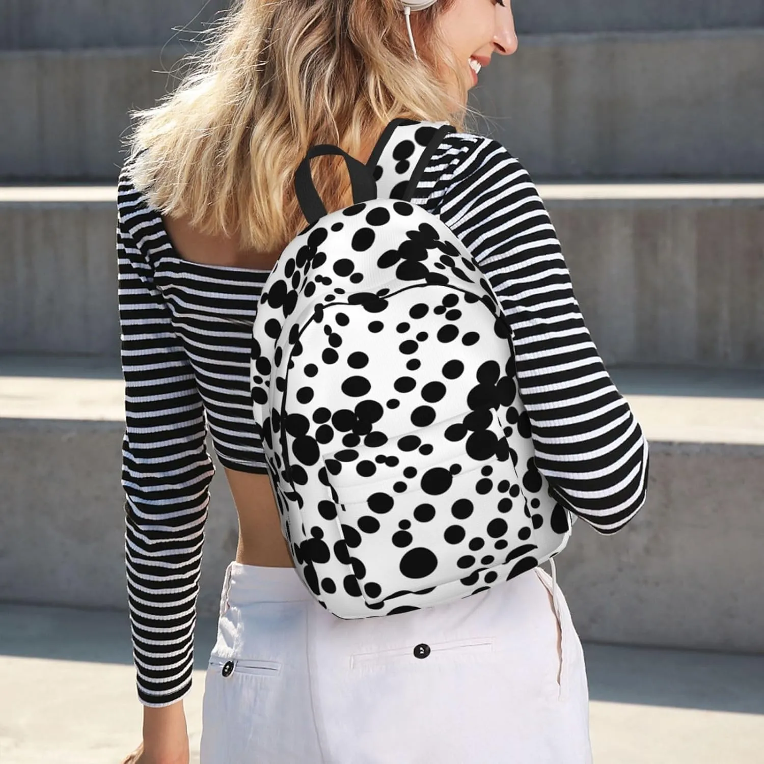 Black & White Big Dot Print Canvas Backpack Women,Mens Travel Casual Daypack Bookbag For Laptop Work Travel Hiking