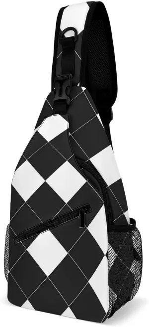 Black And White Plaid Fashion Sling Bag Backpack Crossbody Shoulder Chest Bags Hiking Daypack