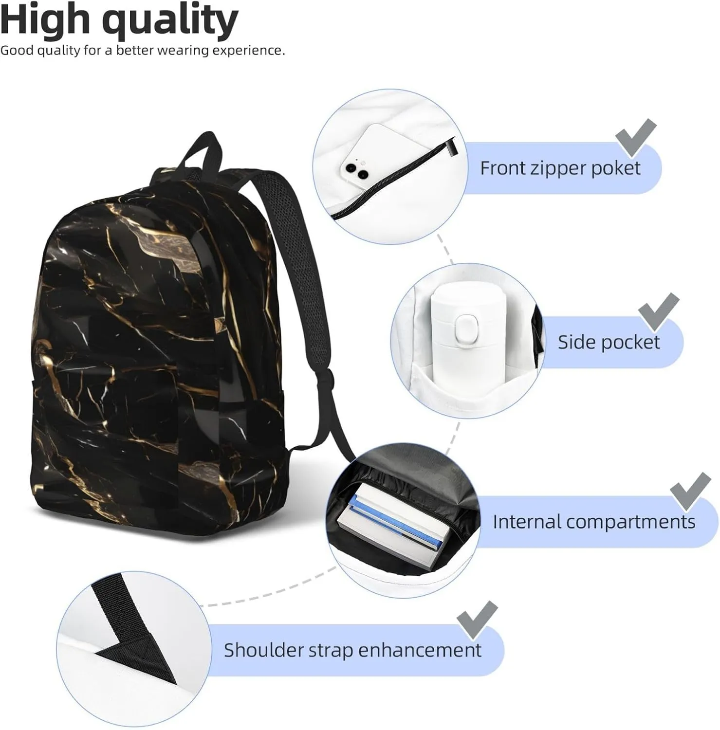 Black Gold Marble Print Canvas Backpack Women,Mens Travel Casual Daypack Bookbag For Laptop Work Travel Hiking