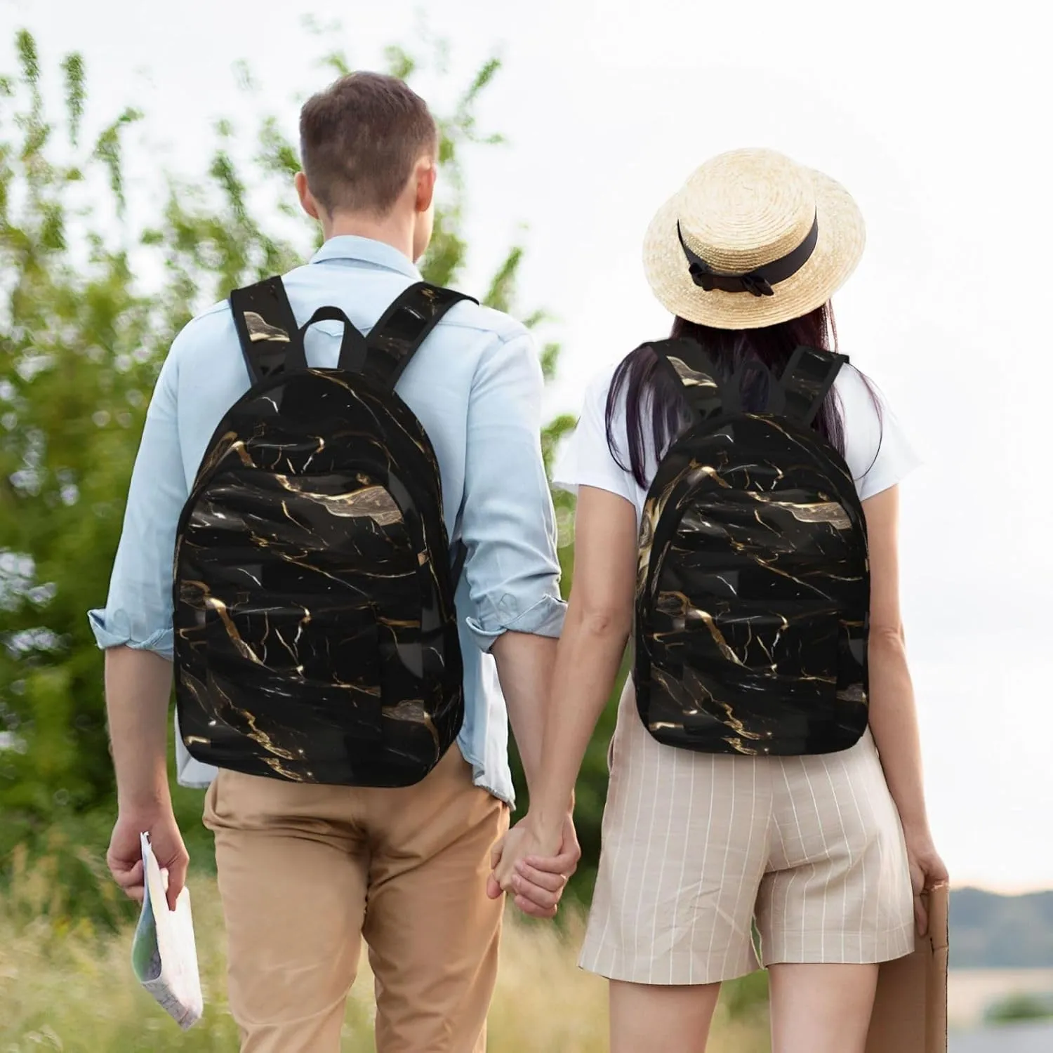 Black Gold Marble Print Canvas Backpack Women,Mens Travel Casual Daypack Bookbag For Laptop Work Travel Hiking