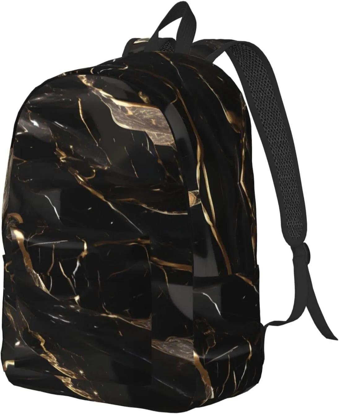 Black Gold Marble Print Canvas Backpack Women,Mens Travel Casual Daypack Bookbag For Laptop Work Travel Hiking