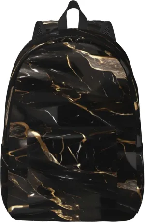 Black Gold Marble Print Canvas Backpack Women,Mens Travel Casual Daypack Bookbag For Laptop Work Travel Hiking