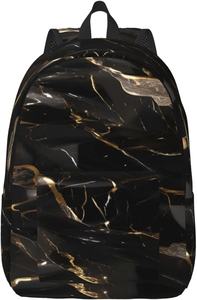 Black Gold Marble Print Canvas Backpack Women,Mens Travel Casual Daypack Bookbag For Laptop Work Travel Hiking