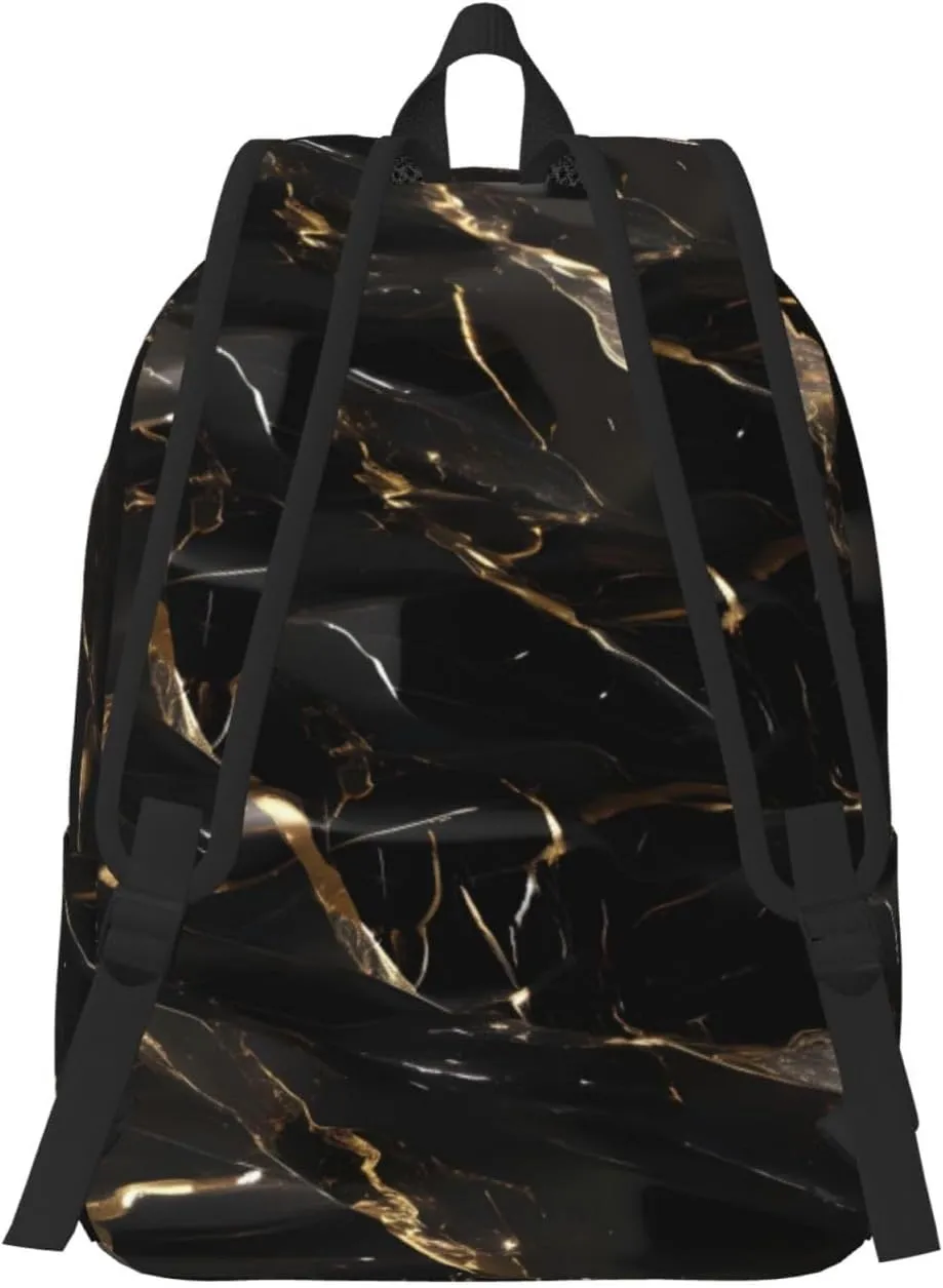 Black Gold Marble Print Canvas Backpack Women,Mens Travel Casual Daypack Bookbag For Laptop Work Travel Hiking