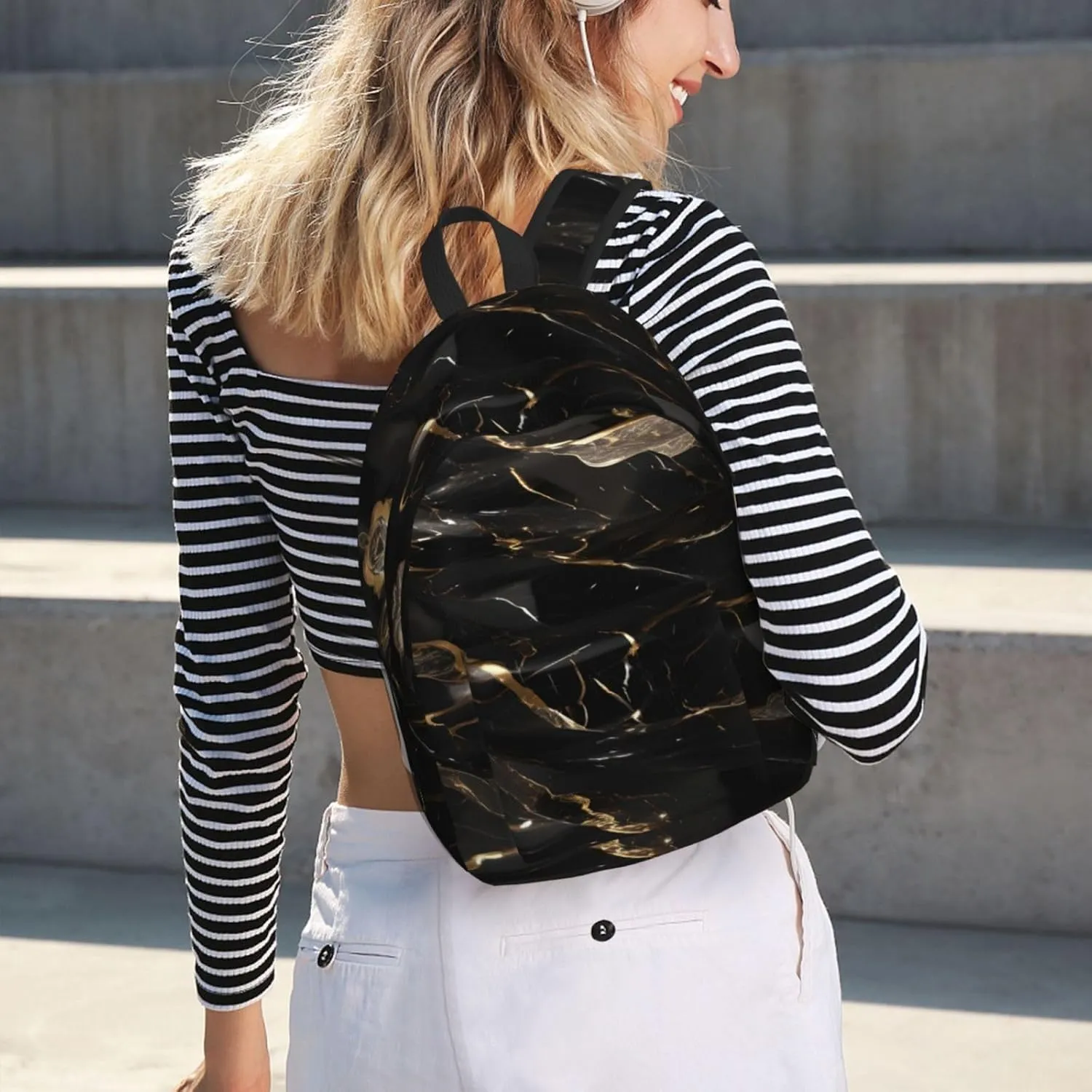 Black Gold Marble Print Canvas Backpack Women,Mens Travel Casual Daypack Bookbag For Laptop Work Travel Hiking