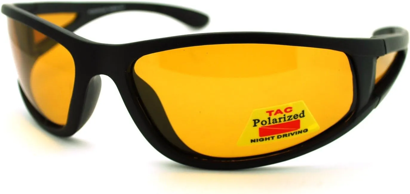 Black Mens Polarized Night Vision Driving Lens Sporty Warp Sunglasses