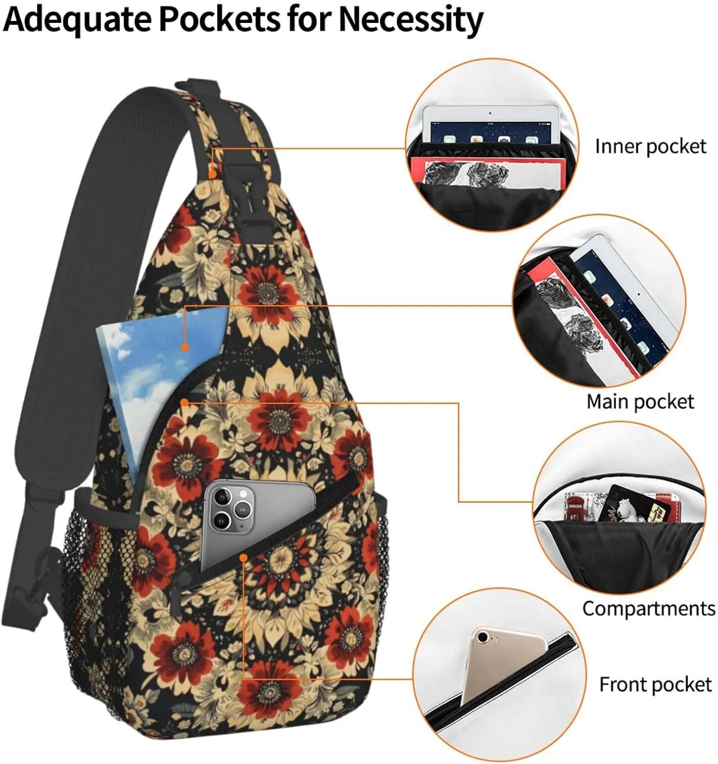 Black Print Sling Bag Crossbody Shoulder Backpack Chest Bags Gym Travel Hiking Casual Daypack