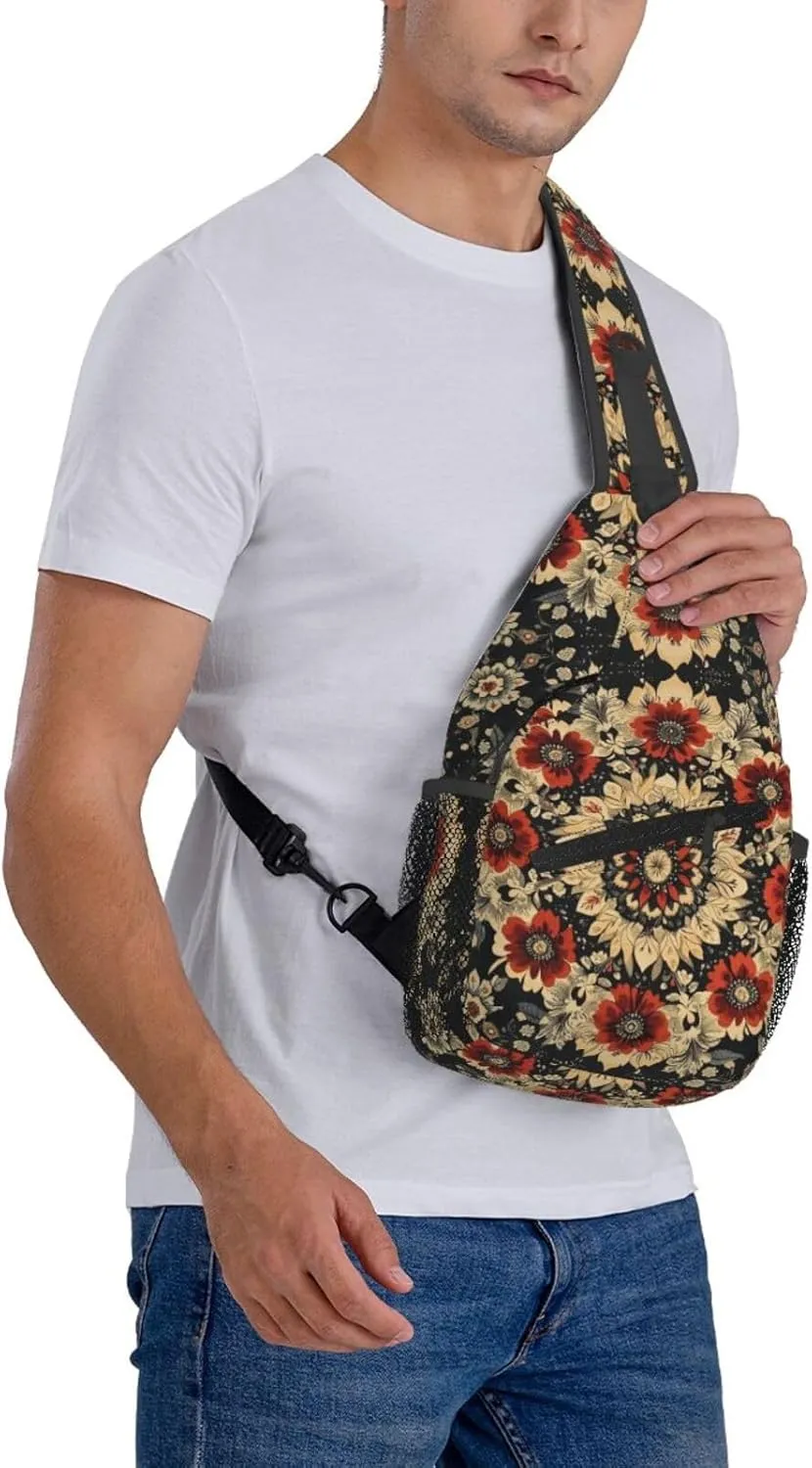 Black Print Sling Bag Crossbody Shoulder Backpack Chest Bags Gym Travel Hiking Casual Daypack