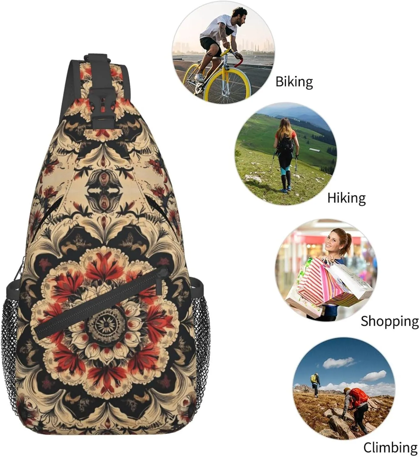 Black Print Sling Bag Crossbody Shoulder Backpack Chest Bags Gym Travel Hiking Casual Daypack