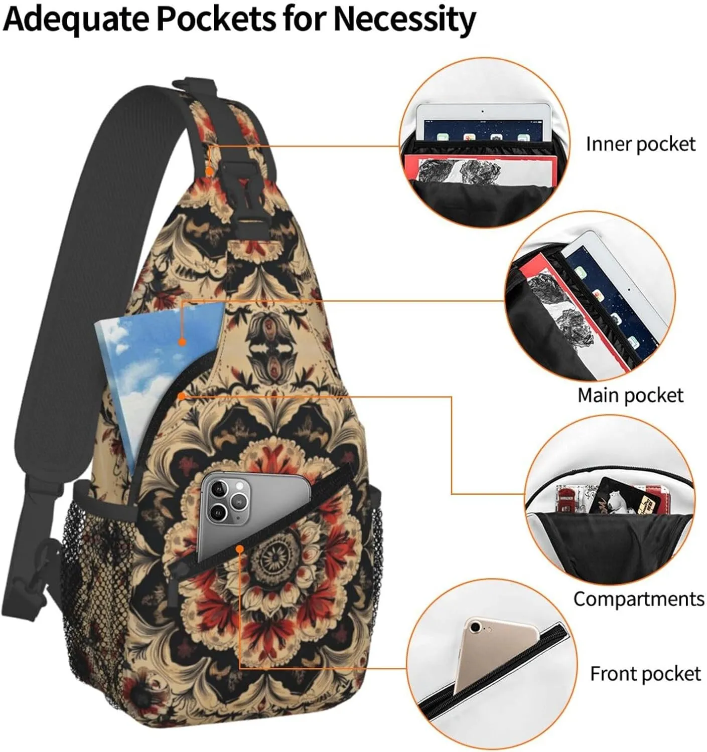 Black Print Sling Bag Crossbody Shoulder Backpack Chest Bags Gym Travel Hiking Casual Daypack