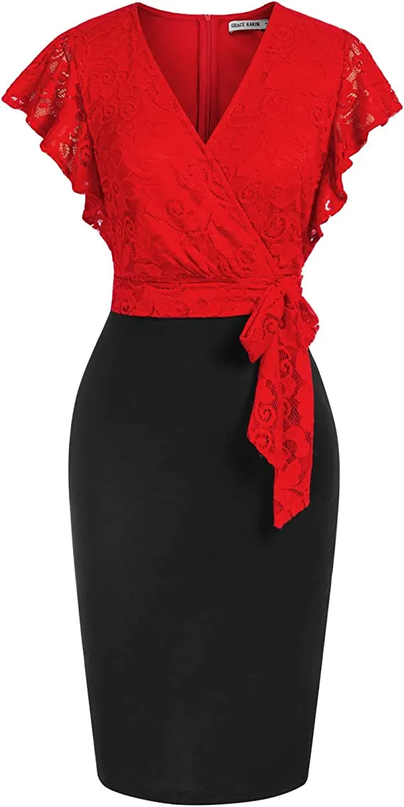 Black Velvet Women Formal Surplice Pleated V-Neck Belted Dresses Business Work Bodycon Dress - GRACE KARIN