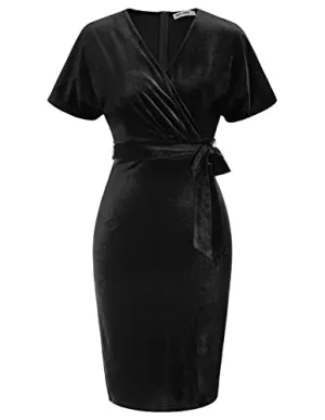 Black Velvet Women Formal Surplice Pleated V-Neck Belted Dresses Business Work Bodycon Dress - GRACE KARIN
