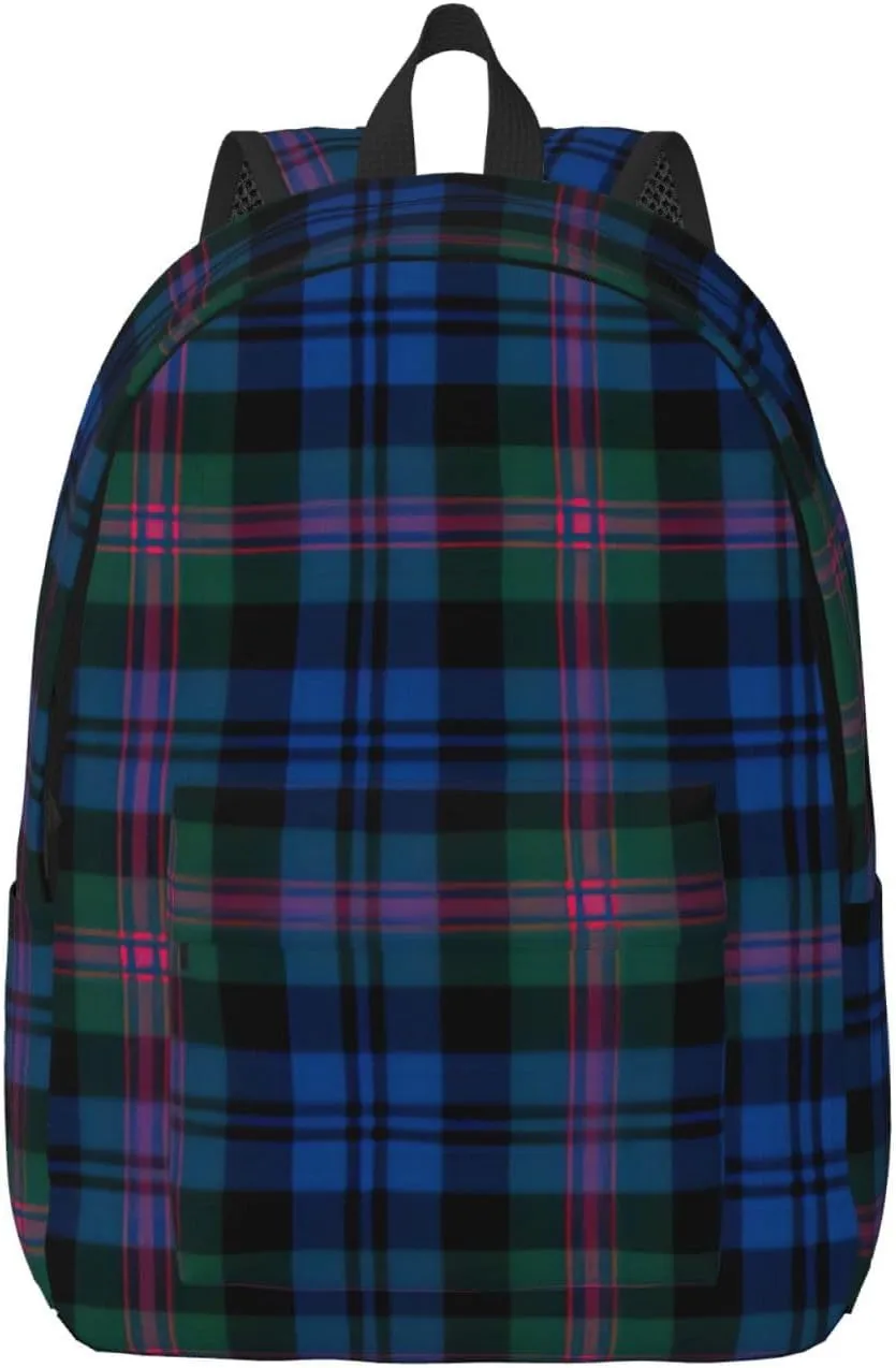 Blue And Green Scottish Tartan Print Canvas Backpack Women,Mens Travel Casual Daypack Bookbag For Laptop Work Travel Hiking