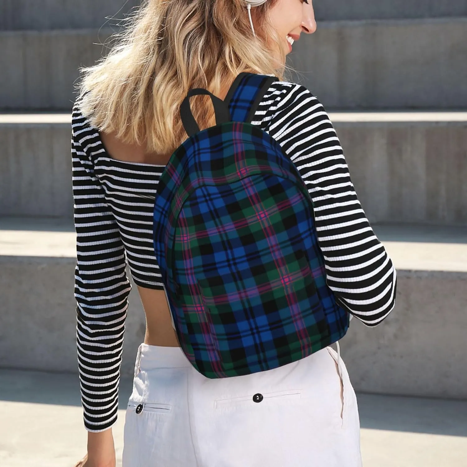Blue And Green Scottish Tartan Print Canvas Backpack Women,Mens Travel Casual Daypack Bookbag For Laptop Work Travel Hiking