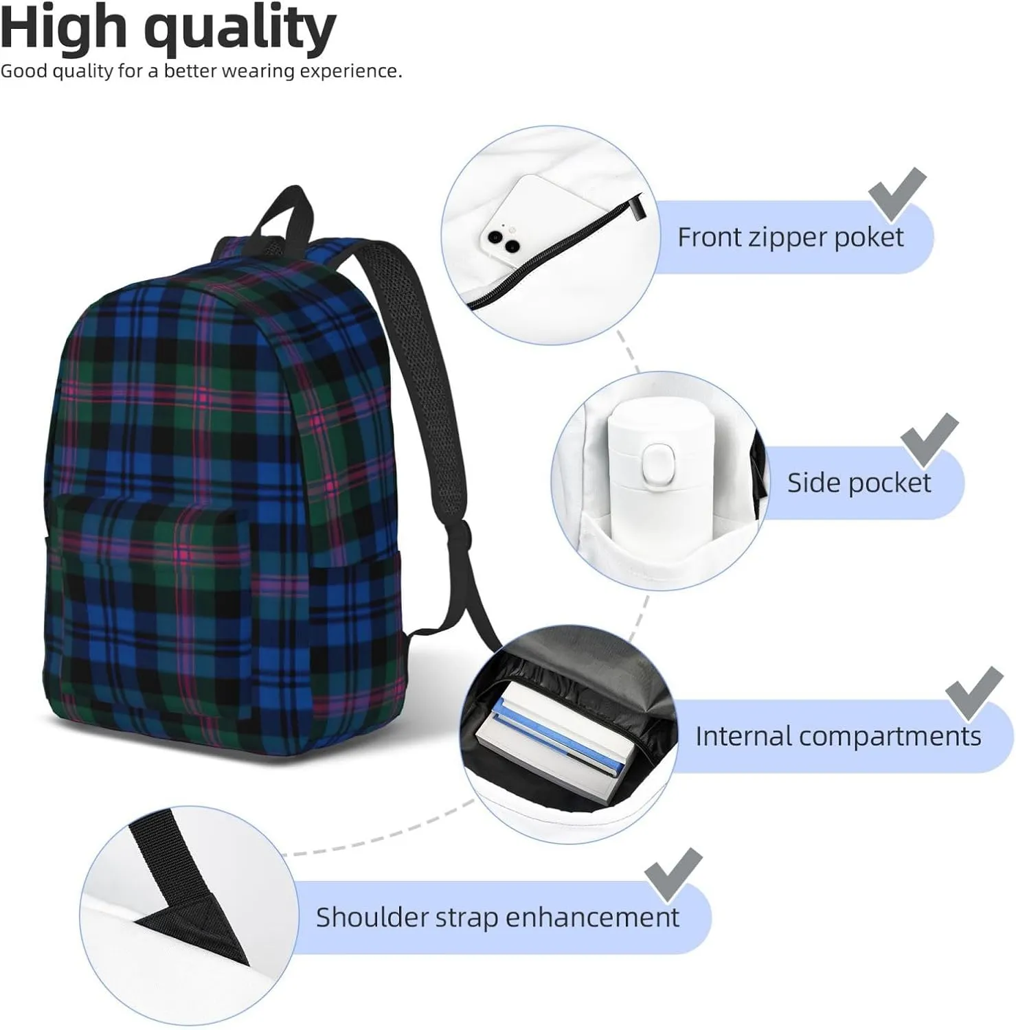 Blue And Green Scottish Tartan Print Canvas Backpack Women,Mens Travel Casual Daypack Bookbag For Laptop Work Travel Hiking