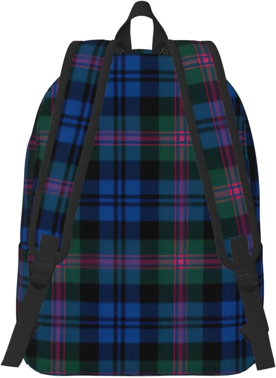 Blue And Green Scottish Tartan Print Canvas Backpack Women,Mens Travel Casual Daypack Bookbag For Laptop Work Travel Hiking