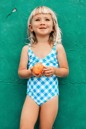 Blue and White Gingham One-Piece Swimsuit For Toddler Girls and Girls