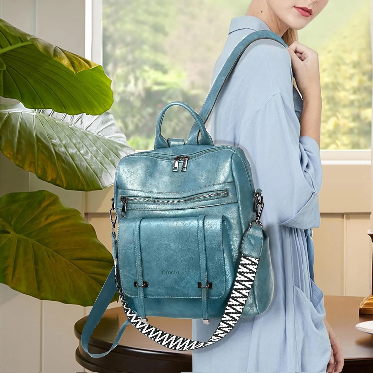 Blue Backpack Purse for Women PU Leather Womens Ladies Backpack Purse Fashion Travel Convertible Shoulder Bags Handbag