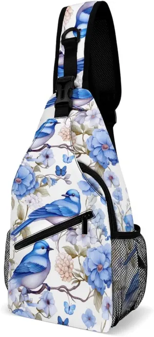 Blue Birds Flowers Sling Backpack Multipurpose Crossbody Shoulder Bag Printed Chest Bag Travel Hiking Daypack