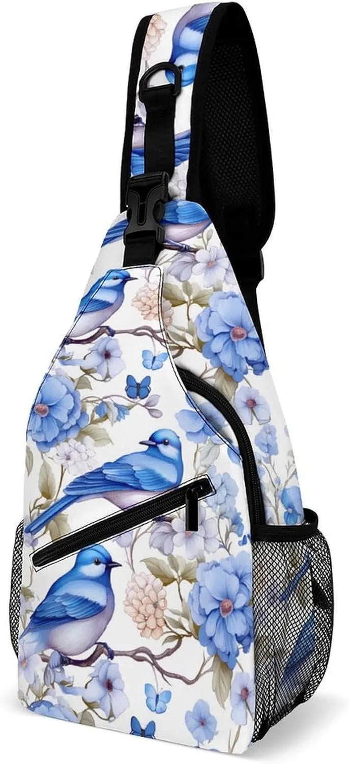 Blue Birds Flowers Sling Backpack Multipurpose Crossbody Shoulder Bag Printed Chest Bag Travel Hiking Daypack