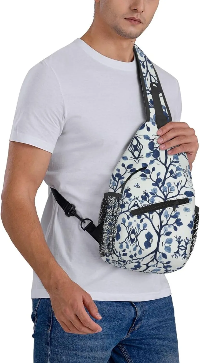 Blue Coral Print Sling Bag Crossbody Shoulder Backpack Chest Bags Gym Travel Hiking Casual Daypack