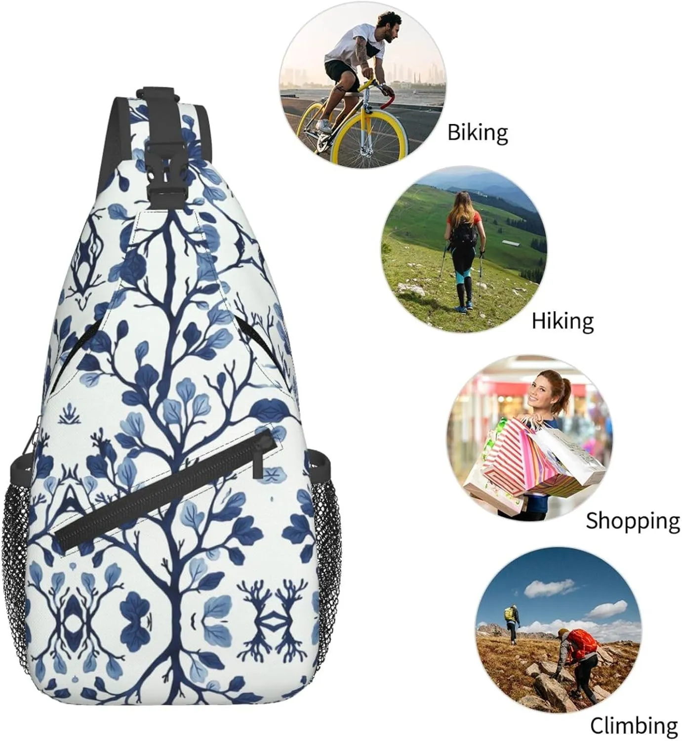Blue Coral Print Sling Bag Crossbody Shoulder Backpack Chest Bags Gym Travel Hiking Casual Daypack